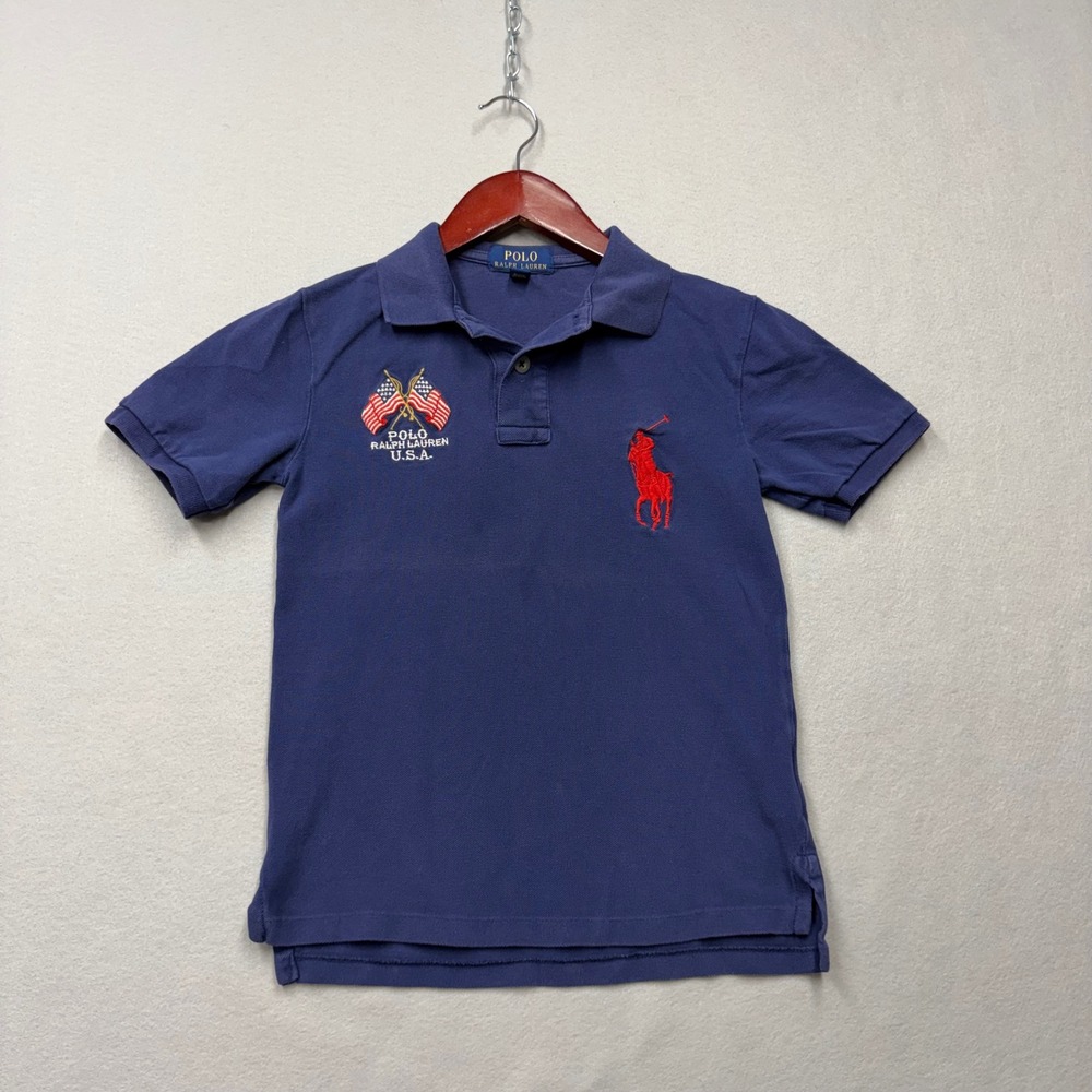 Polo Ralph Lauren Polo Shirt Kids 8 Blue Big Pony Eagle Graphic American Flag